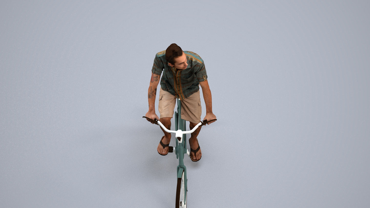 photogrammetry 3D man casual cycling, realistic human model archviz FBX, back view render