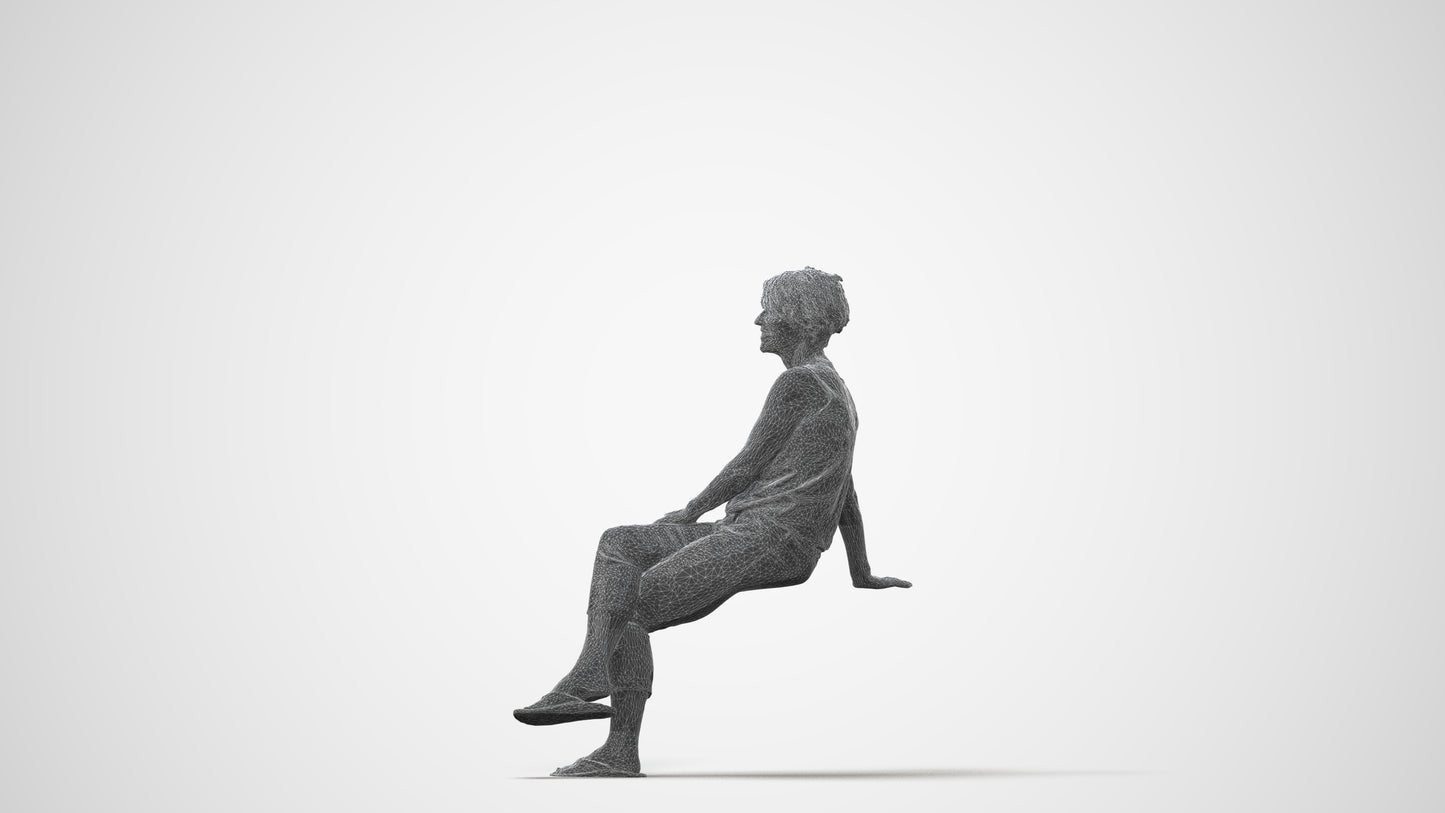 3D human model senior woman sitting, photogrammetry scanned person for archviz, square thumbnail