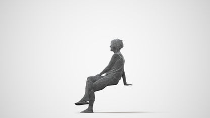 3D human model senior woman sitting, photogrammetry scanned person for archviz, square thumbnail