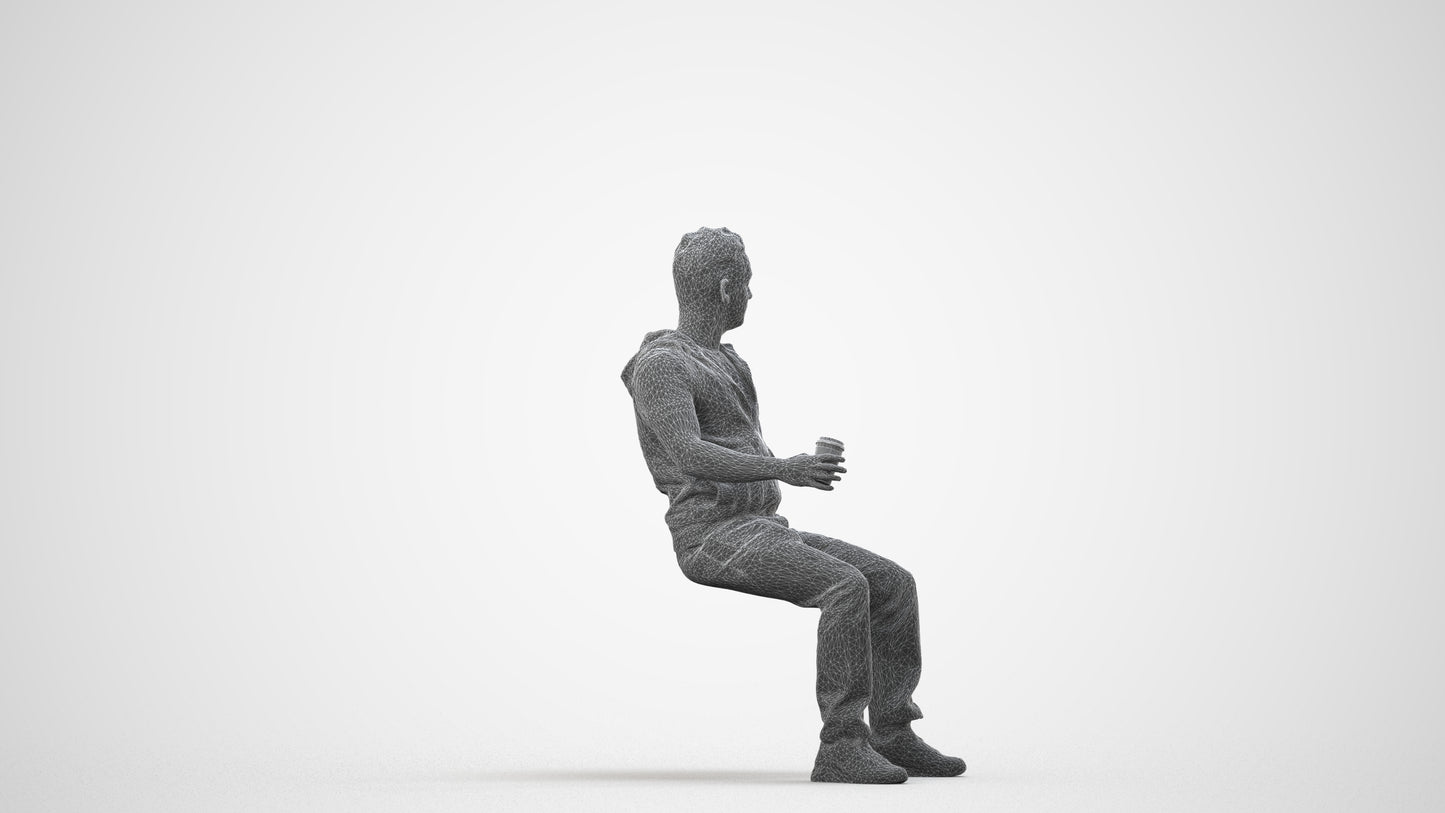 realistic 3D human man casual sitting, archviz people FBX OBJ for Blender, wireframe side view