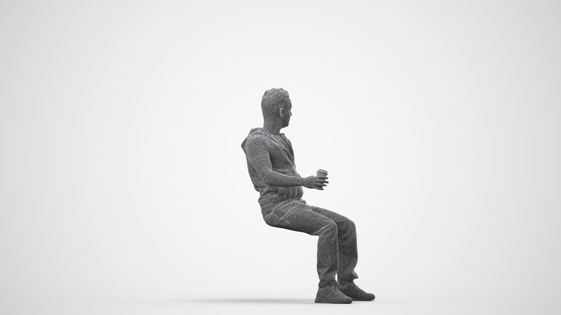 realistic 3D human man casual sitting, archviz people FBX OBJ for Blender, wireframe side view