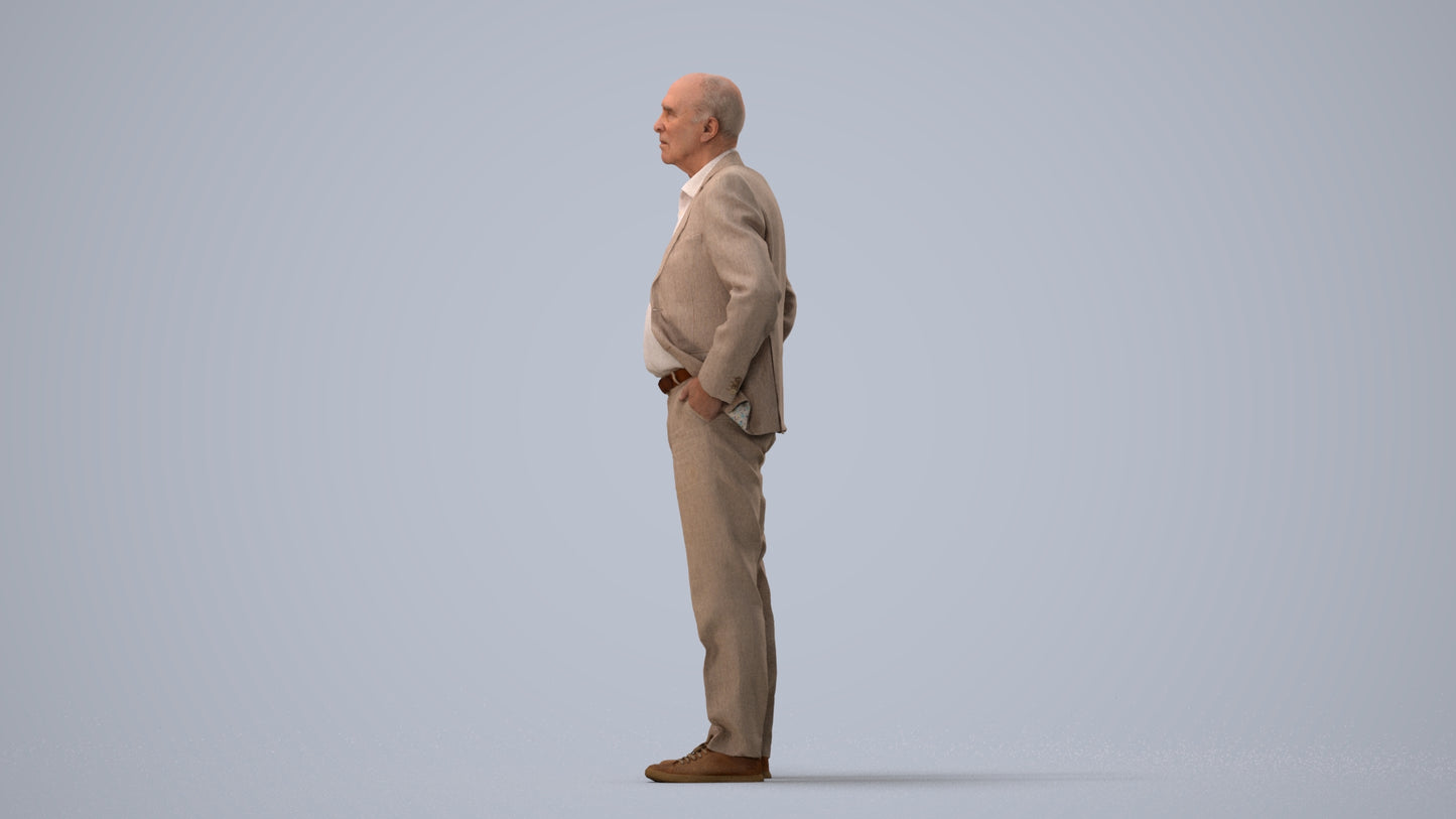scanned 3D senior man business standing, photogrammetry people for Enscape and V-Ray, three-quarter view render