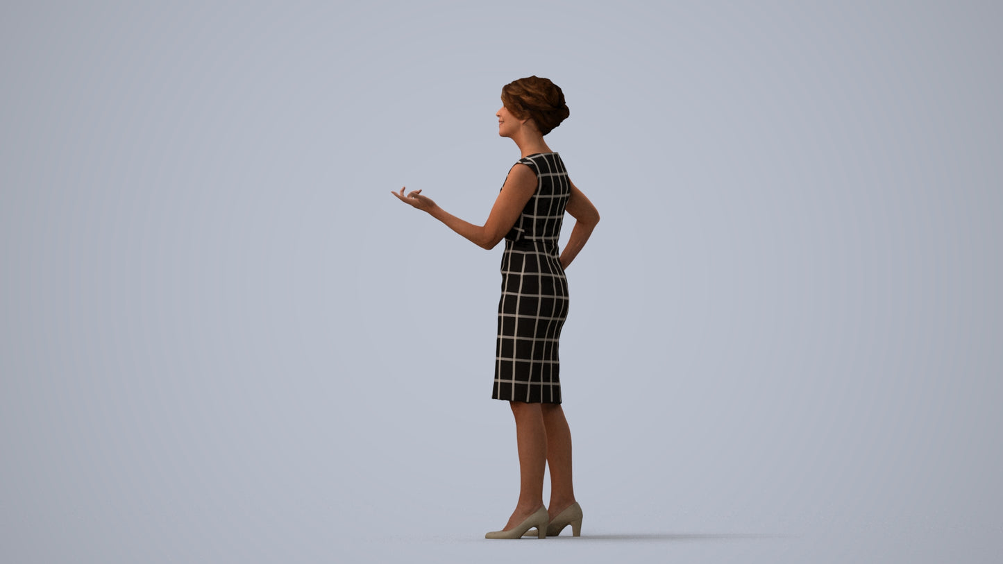 realistic 3D human woman business standing, archviz people FBX OBJ for Blender, three-quarter view render