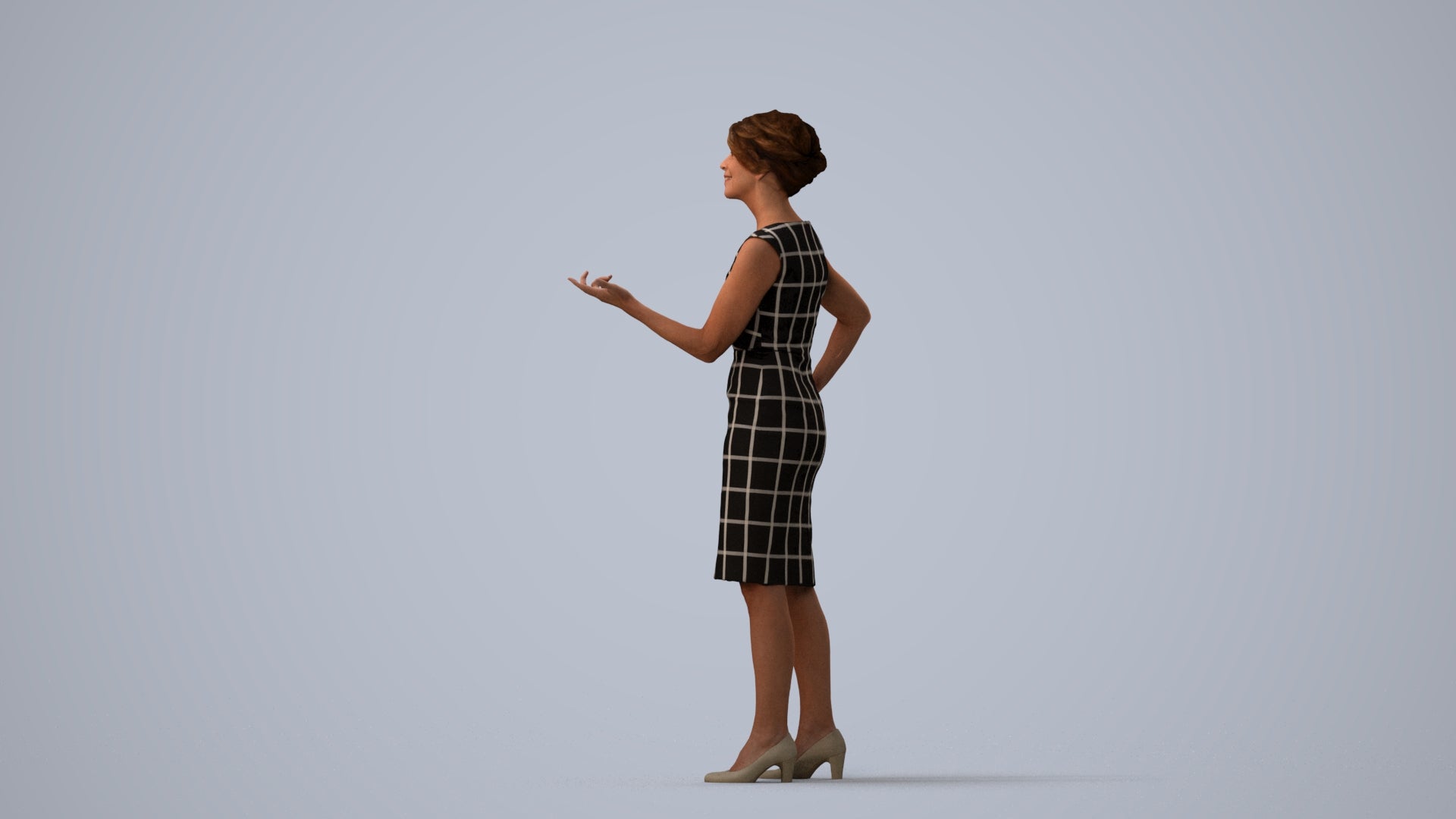 realistic 3D human woman business standing, archviz people FBX OBJ for Blender, three-quarter view render