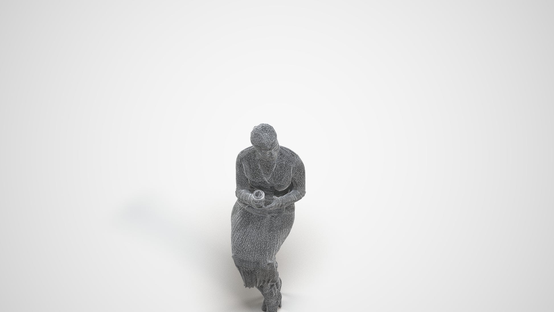 3D scanned woman sitting casual, photorealistic archviz people for Enscape and SketchUp, wireframe three-quarter view