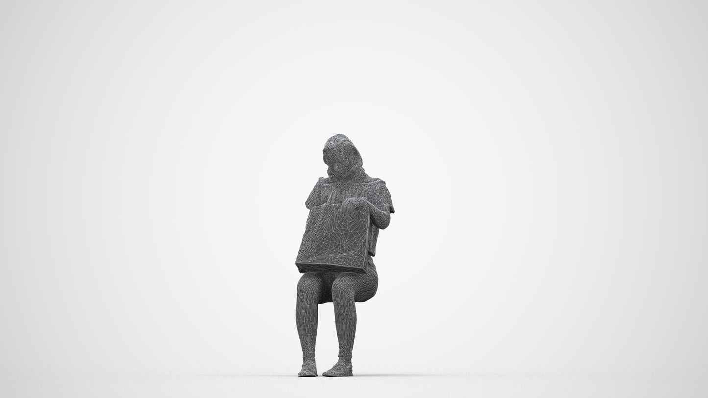 3D human model woman casual sitting, photogrammetry scanned person for archviz, wireframe back view