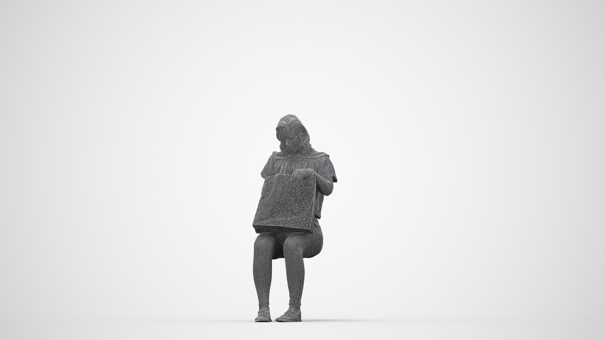 3D human model woman casual sitting, photogrammetry scanned person for archviz, wireframe back view