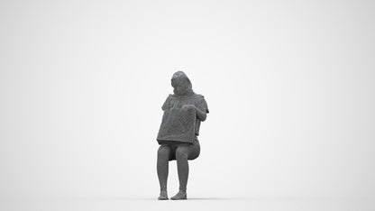 3D human model woman casual sitting, photogrammetry scanned person for archviz, wireframe back view