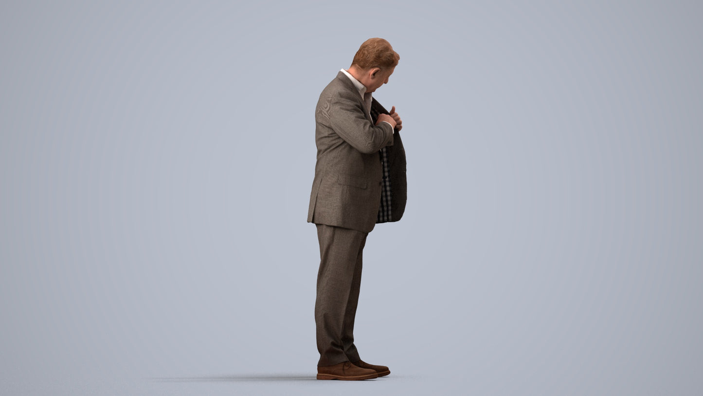 realistic 3D senior man business standing, scanned archviz people for Blender and 3ds Max, side view render