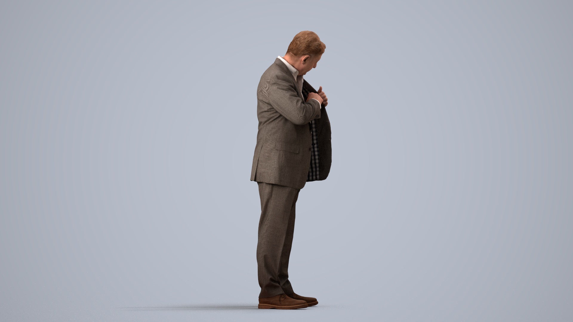realistic 3D senior man business standing, scanned archviz people for Blender and 3ds Max, side view render