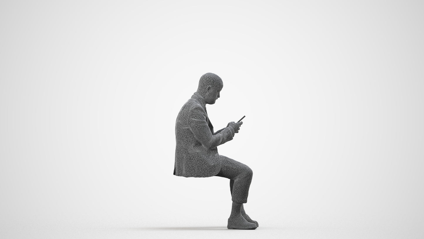 3D human model man business, photogrammetry scanned person for archviz, wireframe side view