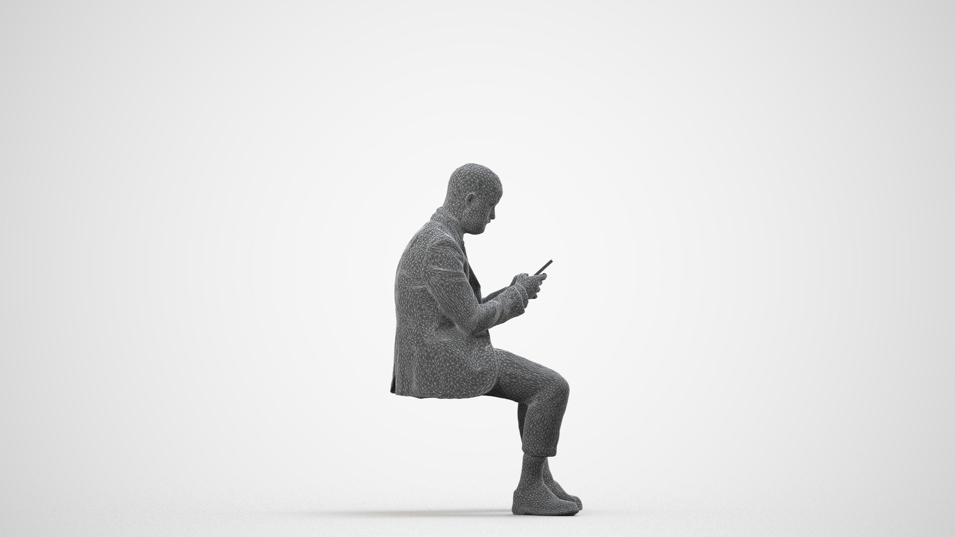 3D human model man business, photogrammetry scanned person for archviz, wireframe side view