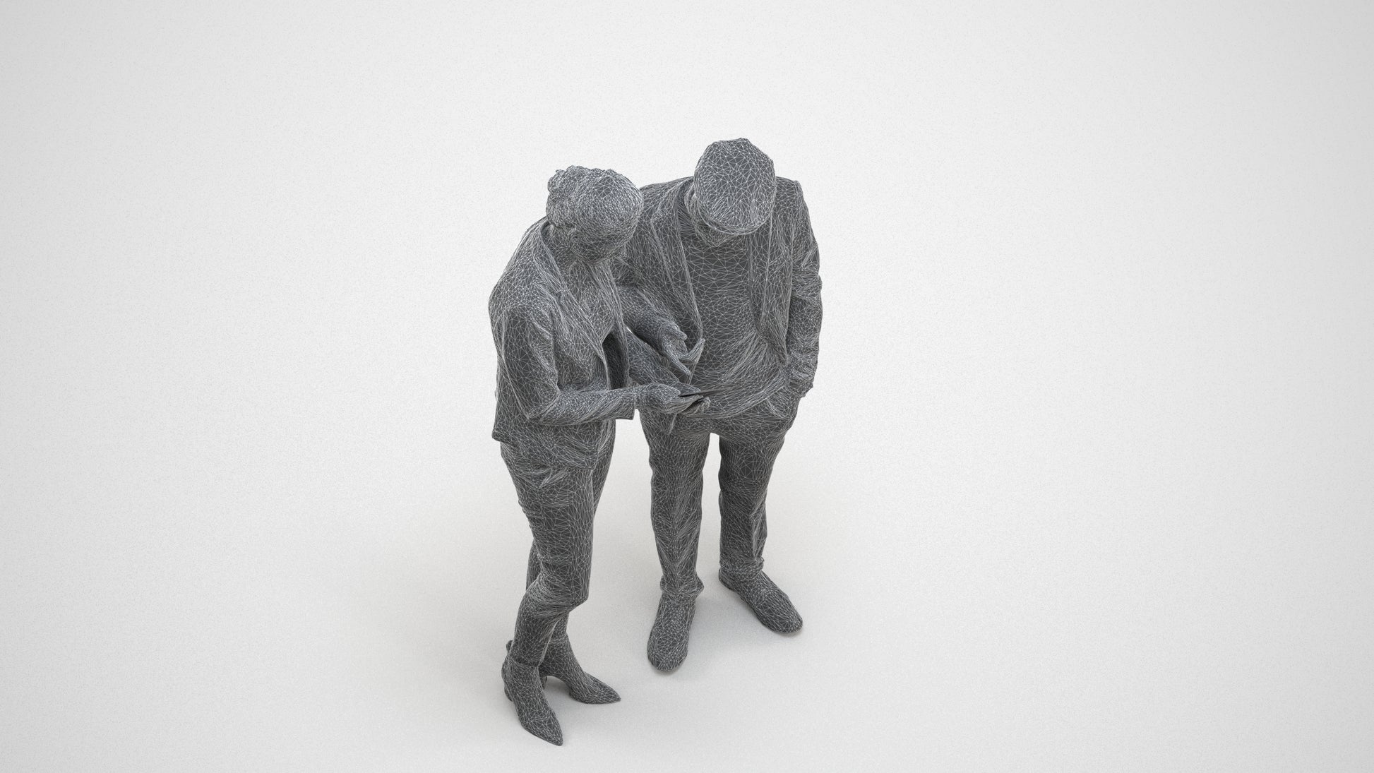 realistic 3D human woman business couple, archviz people FBX OBJ for Blender, wireframe three-quarter view