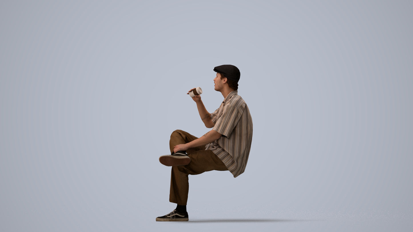 realistic 3D people man casual sitting, render-ready for V-Ray and Corona, FBX OBJ, three-quarter view render