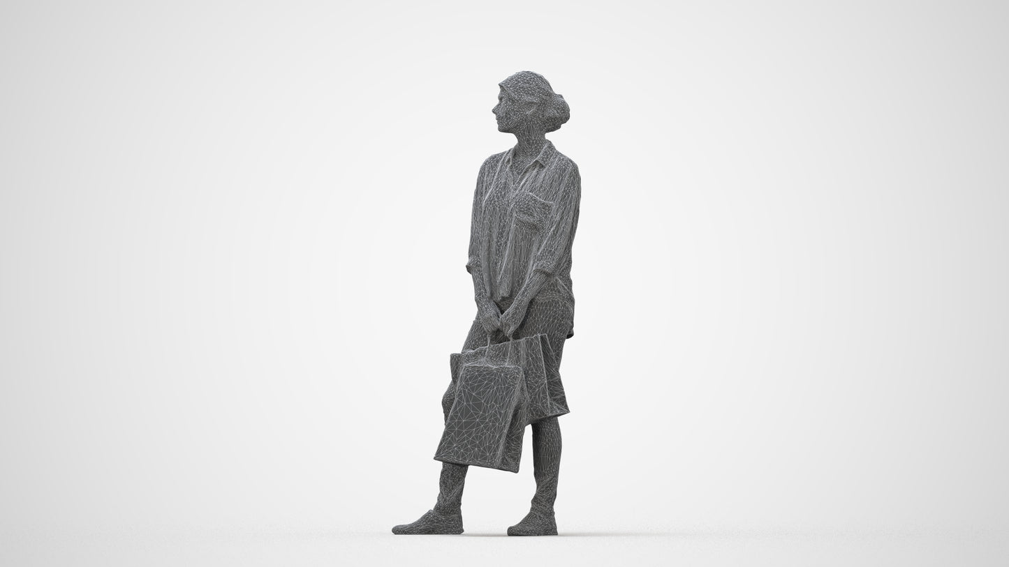 realistic 3D human woman casual shopping, archviz people FBX OBJ for Blender, wireframe back view