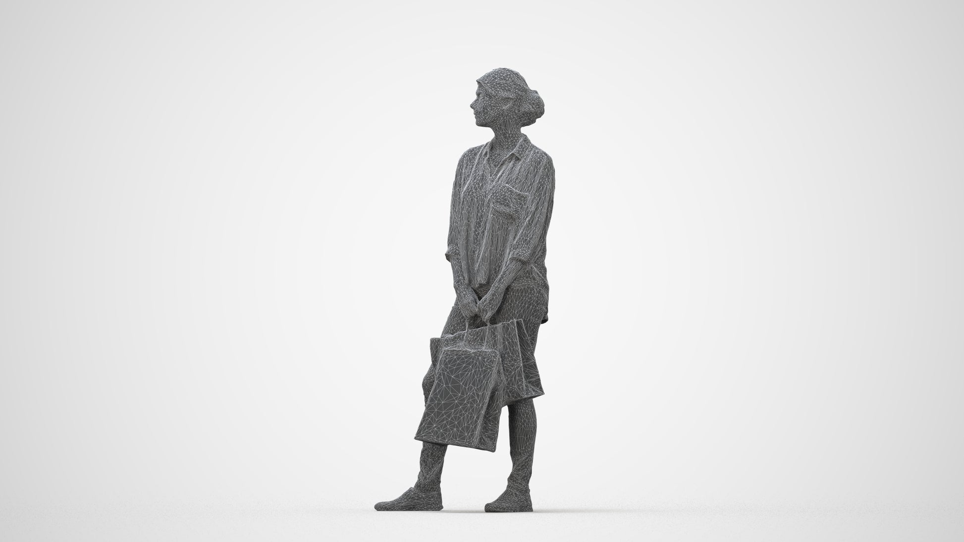 realistic 3D human woman casual shopping, archviz people FBX OBJ for Blender, wireframe back view