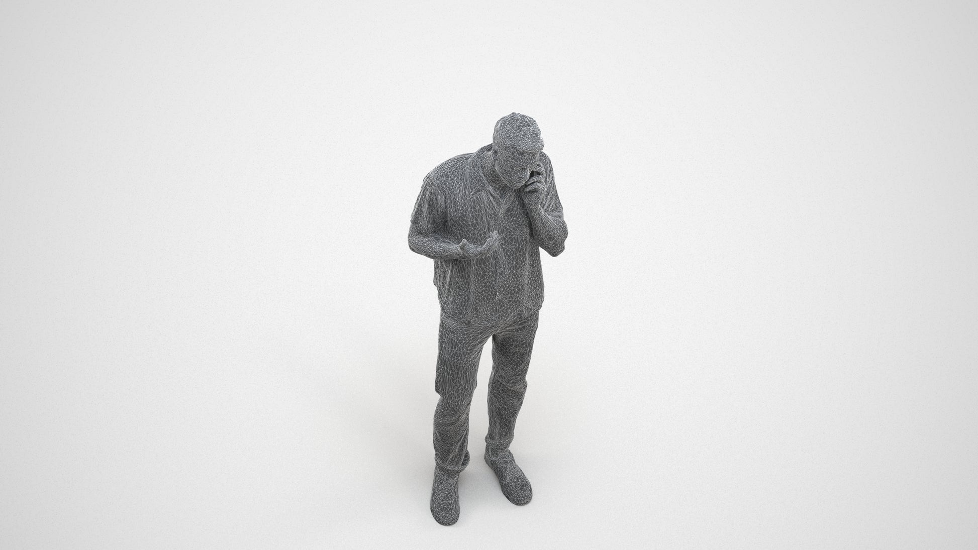 photogrammetry 3D man casual standing, realistic human model archviz FBX, wireframe three-quarter view