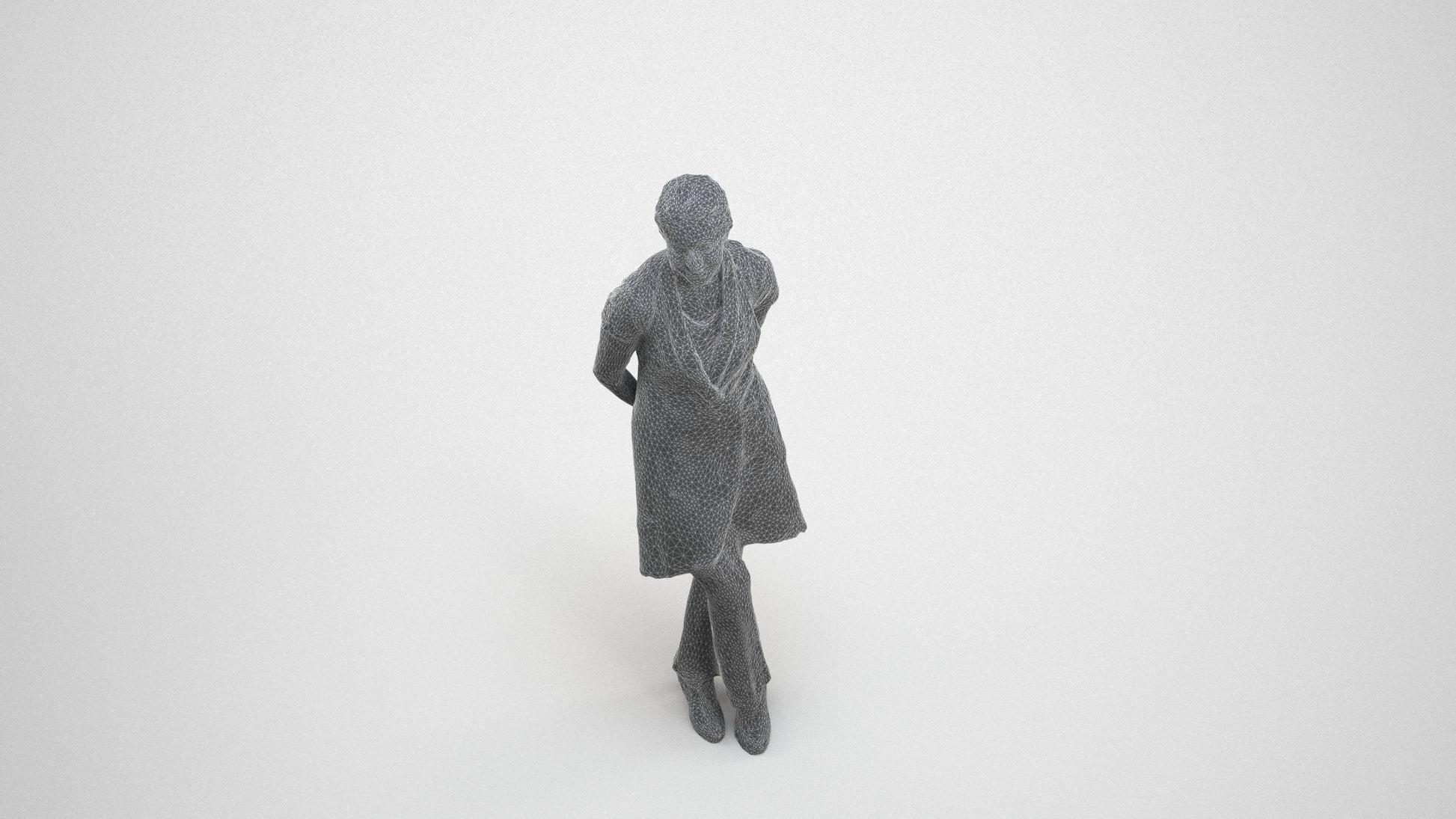 scanned 3D woman hospitality, photogrammetry people for Enscape and V-Ray, wireframe three-quarter view