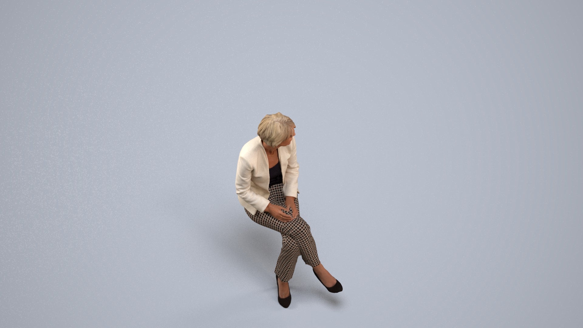 realistic 3D human senior woman business sitting, archviz people FBX OBJ for Blender, back view render