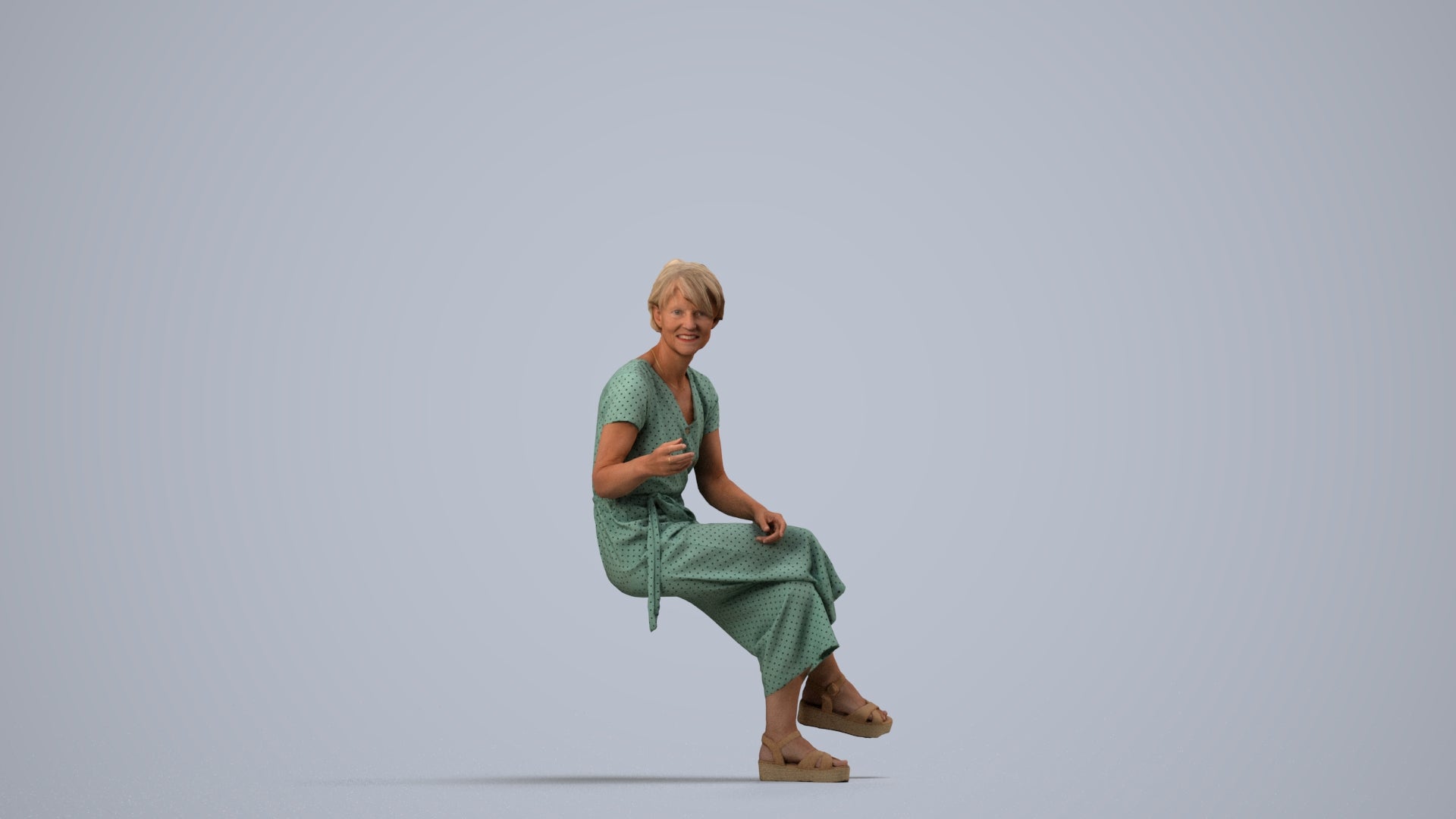 photogrammetry 3D senior woman casual sitting, realistic human model archviz FBX, side view render