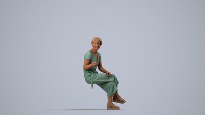 photogrammetry 3D senior woman casual sitting, realistic human model archviz FBX, side view render