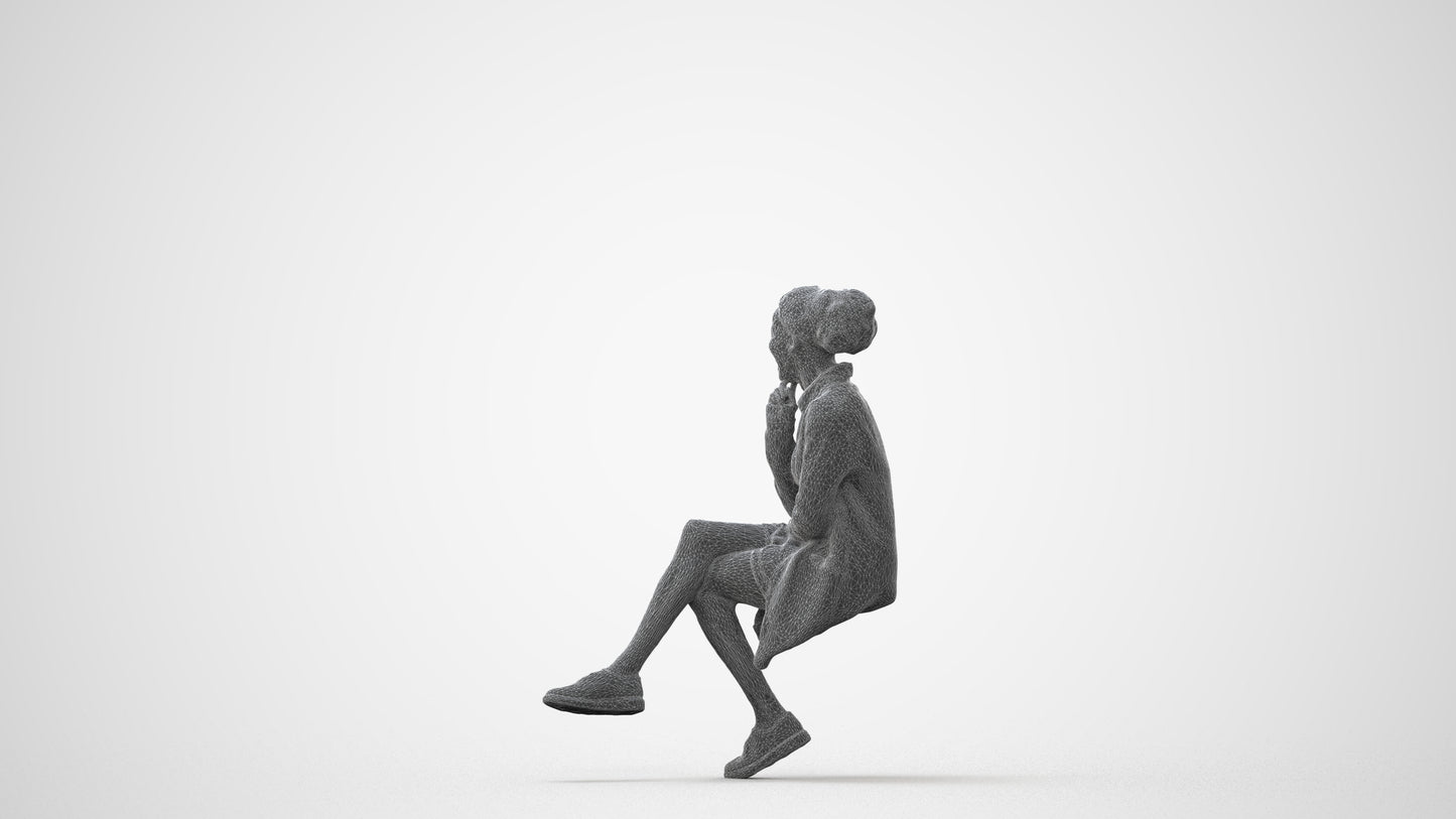 3D human model woman casual sitting, photogrammetry scanned person for archviz, square thumbnail