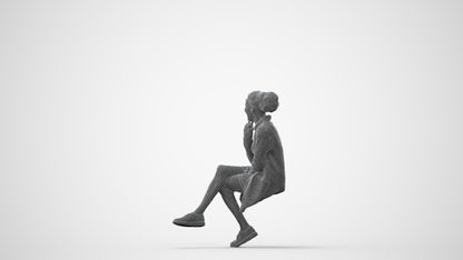 3D human model woman casual sitting, photogrammetry scanned person for archviz, square thumbnail