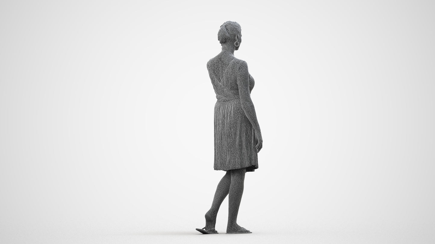 realistic 3D woman casual walking, scanned archviz people for Blender and 3ds Max, wireframe side view