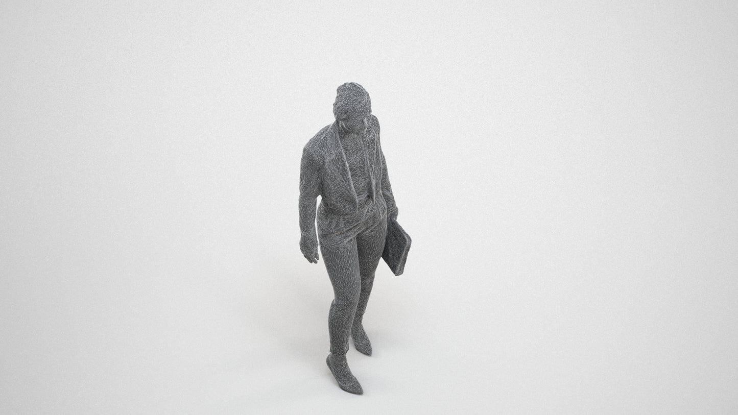 3D human model woman business, photogrammetry scanned person for archviz, wireframe three-quarter view