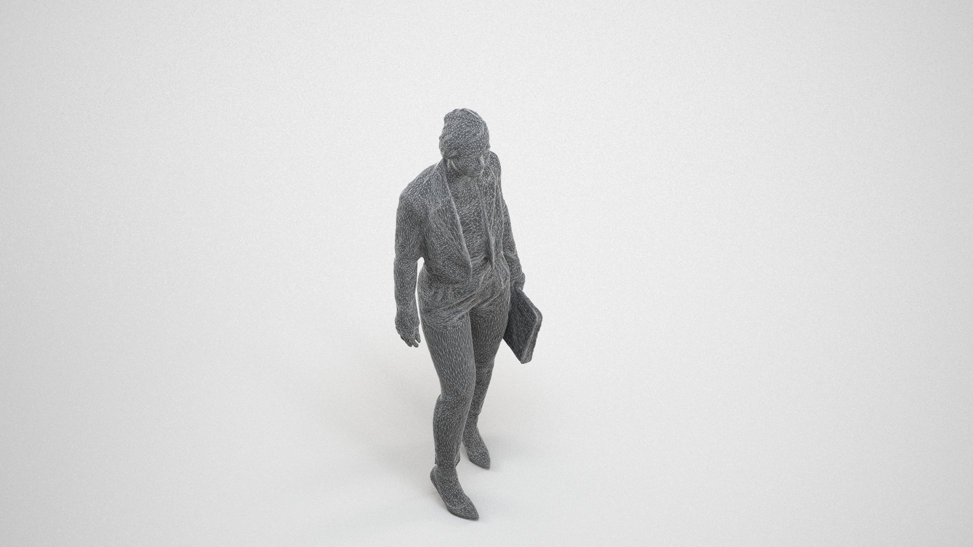 3D human model woman business, photogrammetry scanned person for archviz, wireframe three-quarter view
