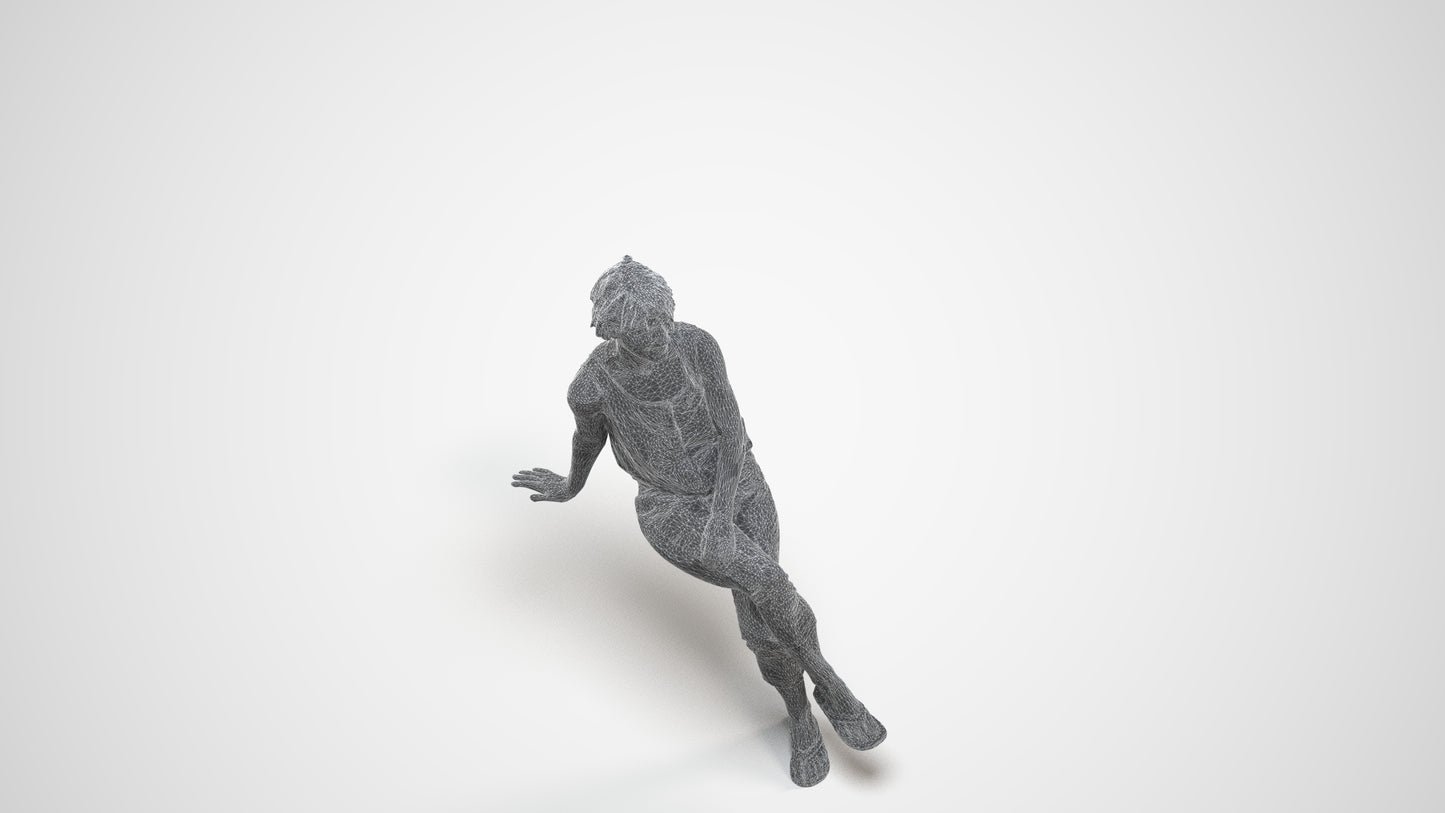3D human model senior woman sitting, photogrammetry scanned person for archviz, wireframe three-quarter view