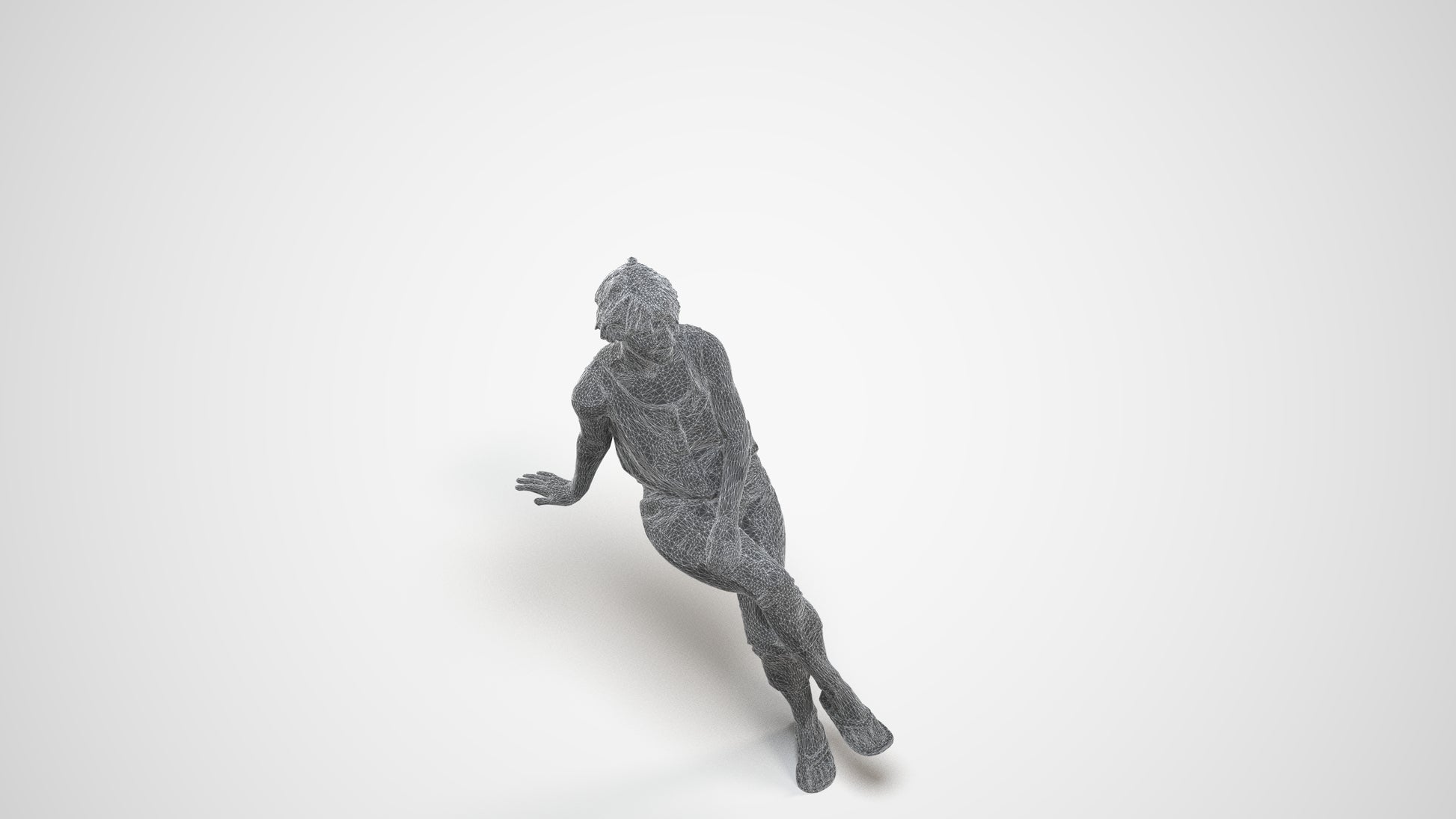 3D human model senior woman sitting, photogrammetry scanned person for archviz, wireframe three-quarter view