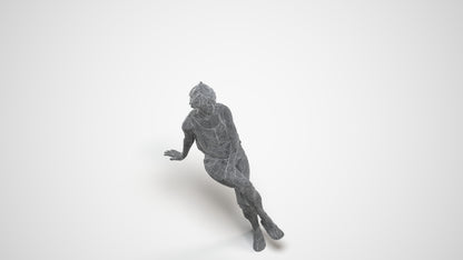 3D human model senior woman sitting, photogrammetry scanned person for archviz, wireframe three-quarter view