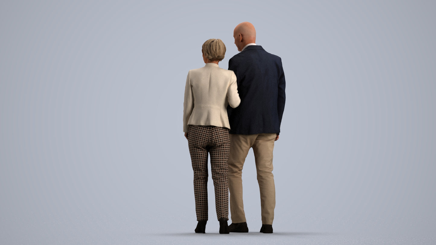 3D human model senior woman business couple, photogrammetry scanned person for archviz, front view render