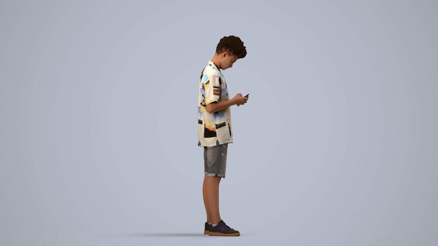 realistic 3D human boy casual kids, archviz people FBX OBJ for Blender, side view render