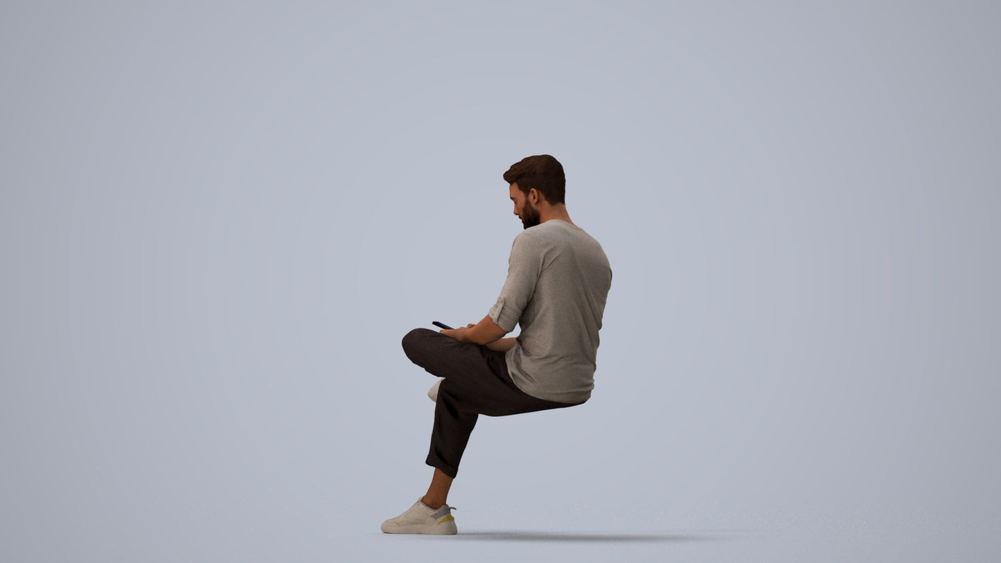 3D human model man casual sitting, photogrammetry scanned person for archviz, three-quarter view render