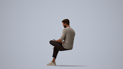 3D human model man casual sitting, photogrammetry scanned person for archviz, three-quarter view render
