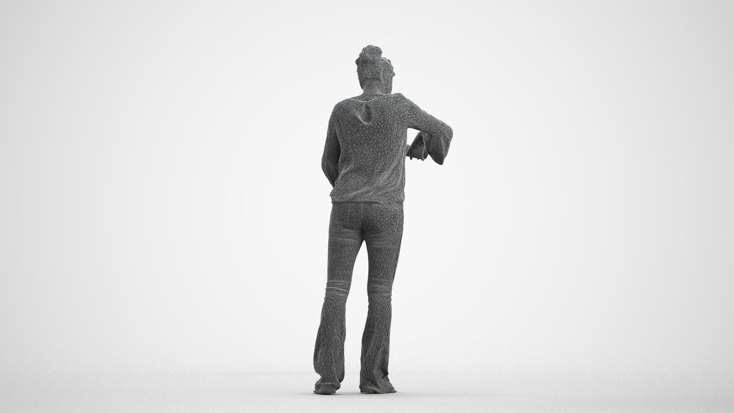 3D scanned woman standing casual, photorealistic archviz people for Enscape and SketchUp, wireframe front view