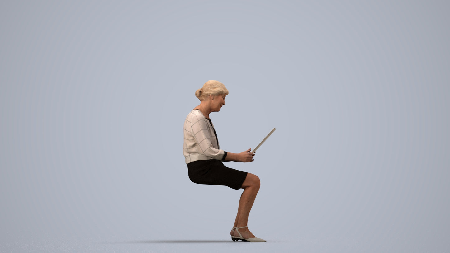 3D people model senior woman business sitting, scanned human for 3ds Max rendering, side view render