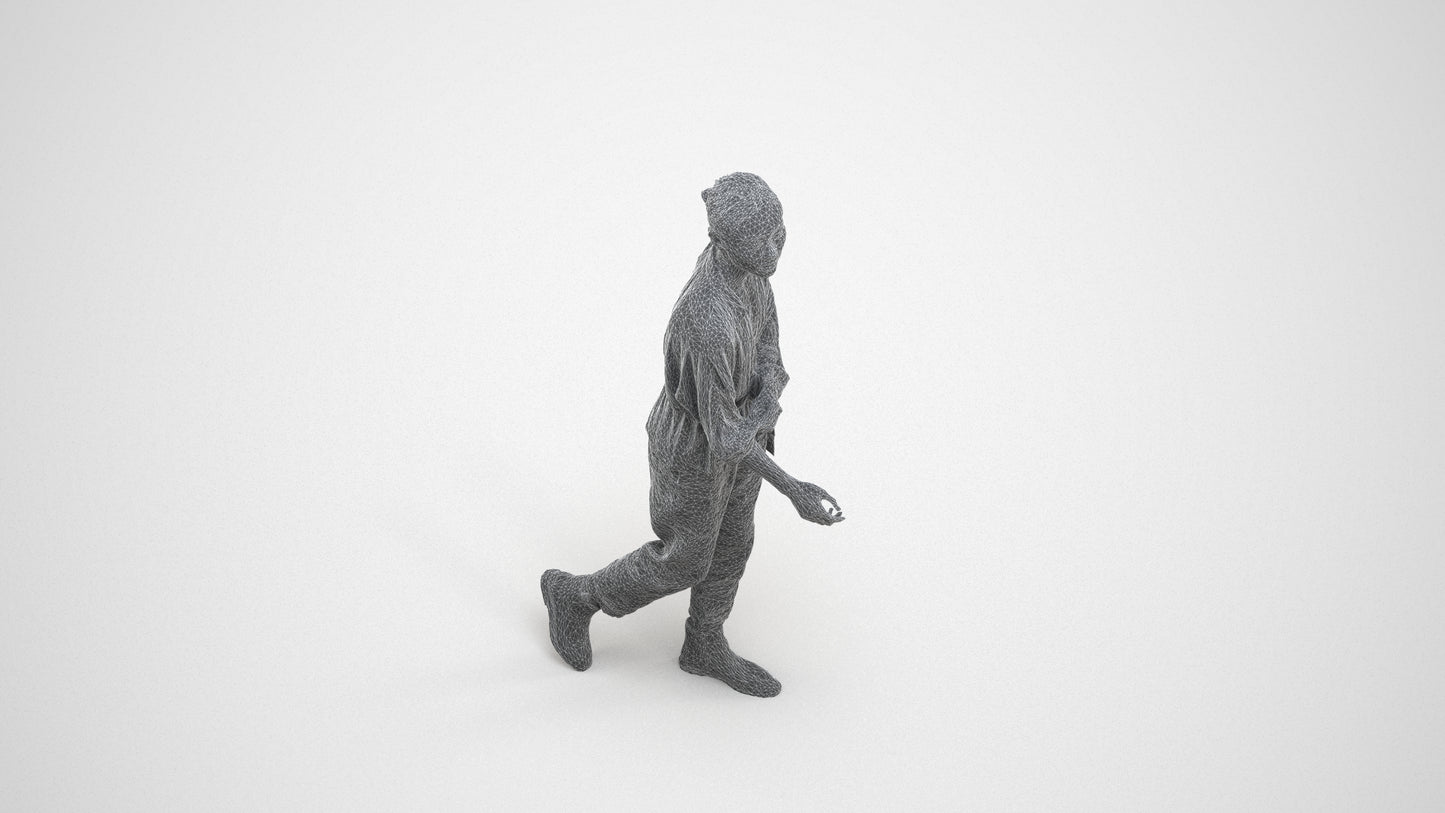 realistic 3D human woman casual walking, archviz people FBX OBJ for Blender, wireframe three-quarter view