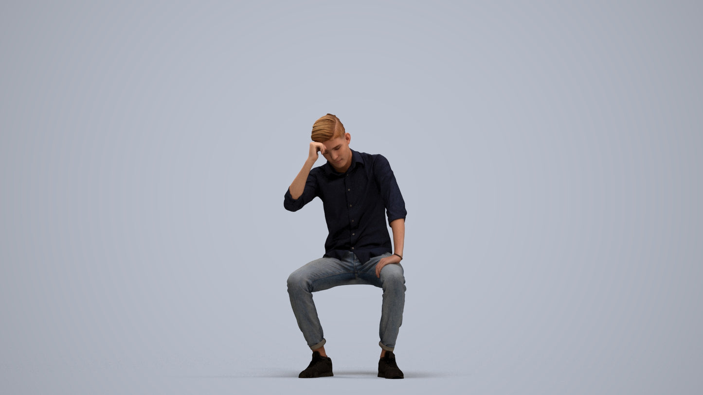 3D people model man casual sitting, scanned human for 3ds Max rendering, standing pose render