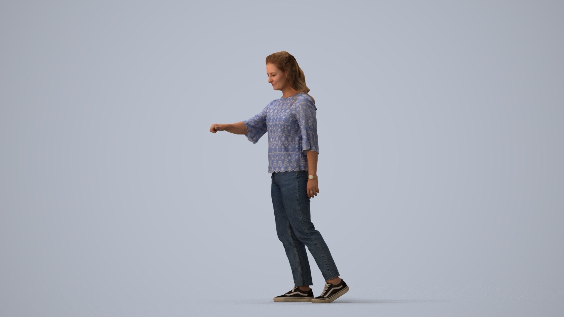 3D human model woman casual mix, photogrammetry scanned person for archviz, three-quarter view render