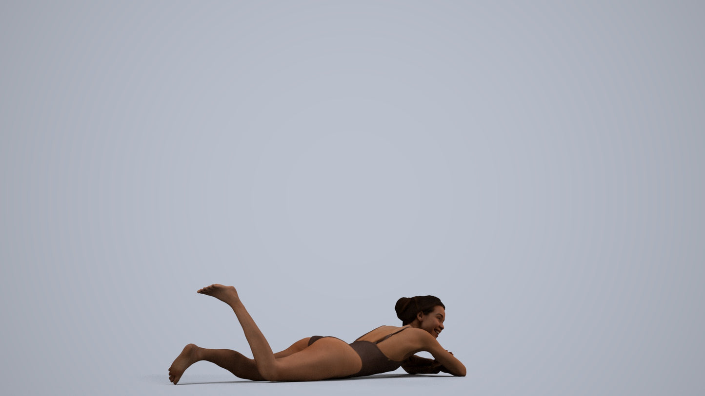 3D human model woman casual pool, photogrammetry scanned person for archviz, side view render