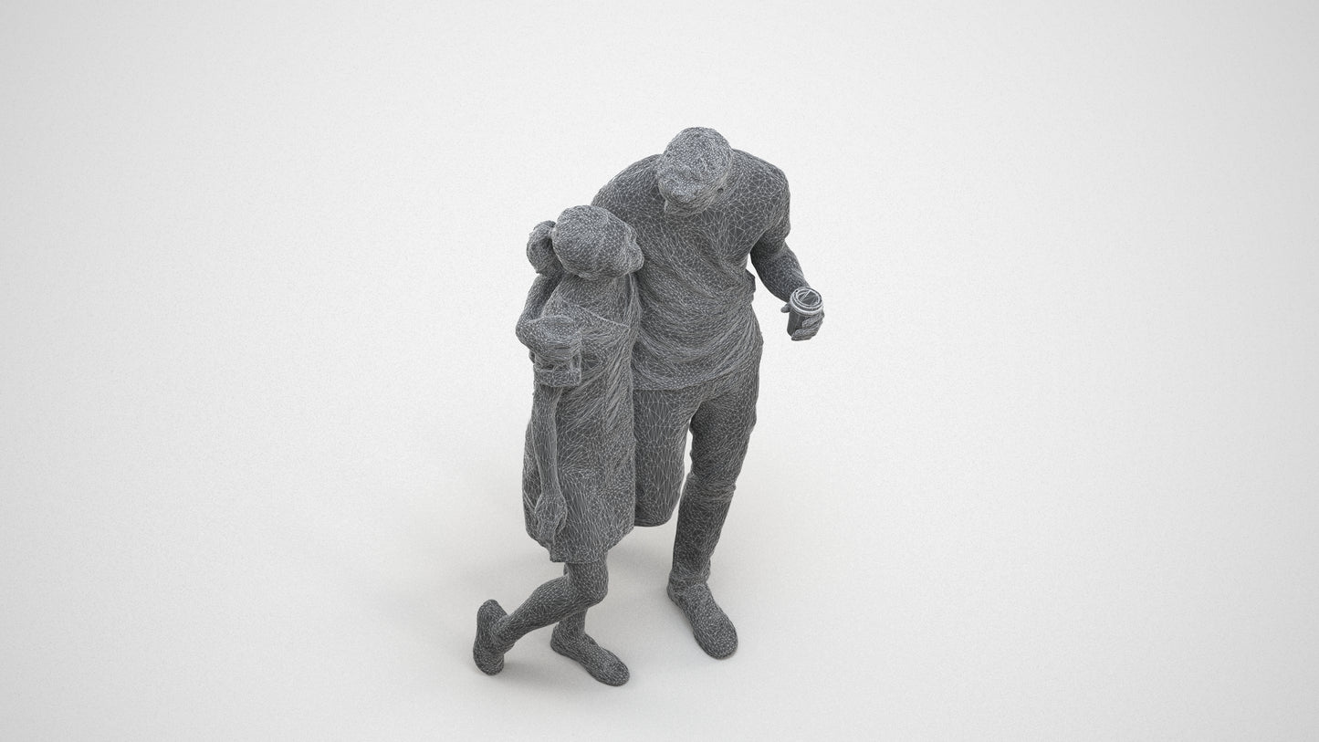 realistic 3D human woman casual couple, archviz people FBX OBJ for Blender, wireframe three-quarter view