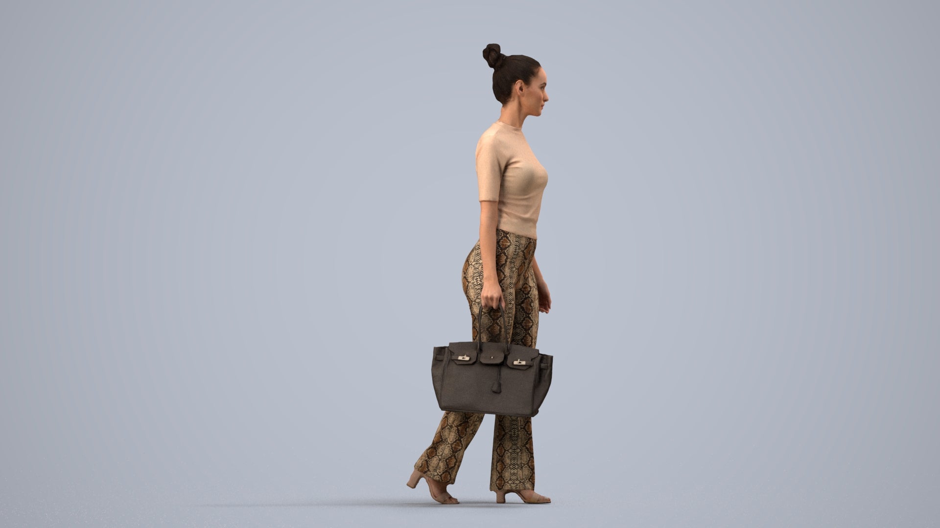 realistic 3D human woman casual walking, archviz people FBX OBJ for Blender, side view render