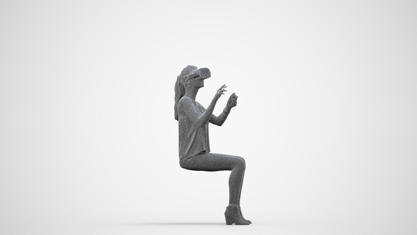 3D human model girl casual sitting, photogrammetry scanned person for archviz, wireframe side view