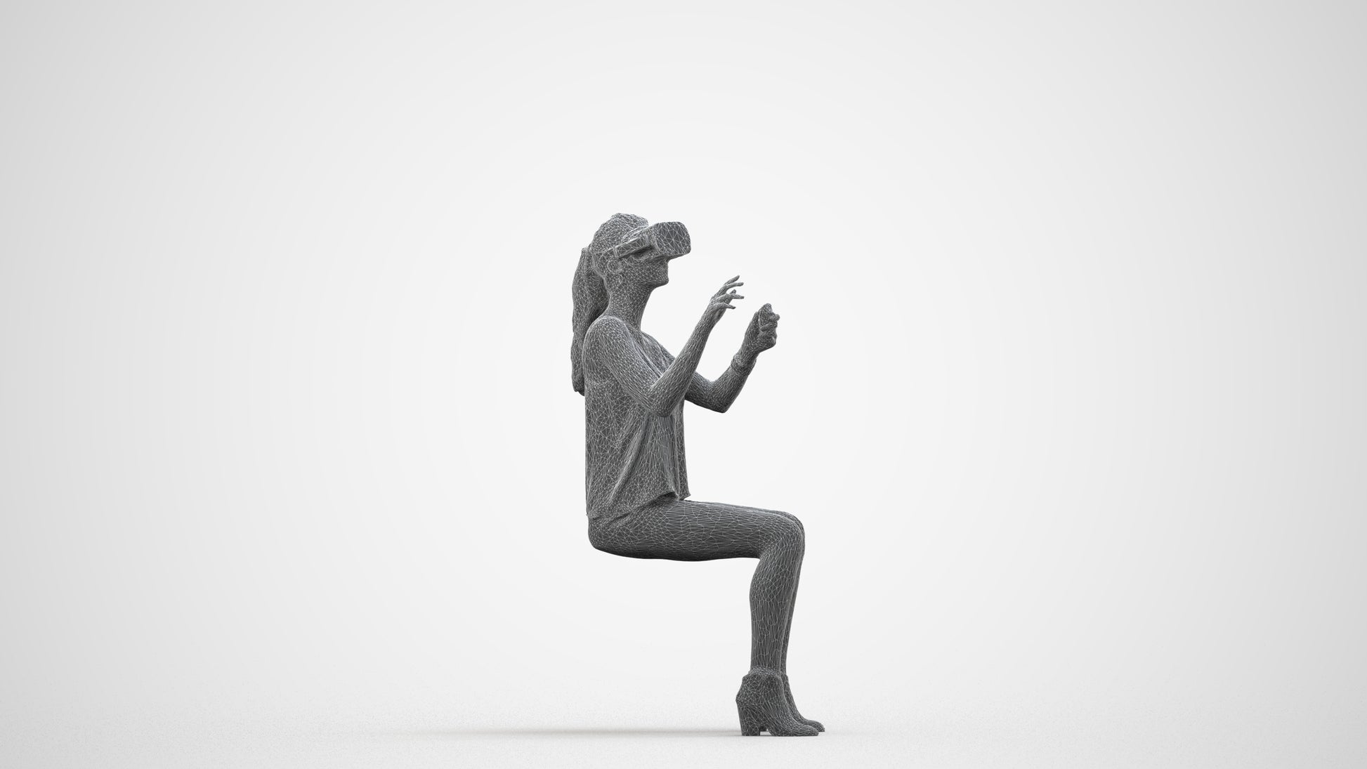 3D human model girl casual sitting, photogrammetry scanned person for archviz, wireframe side view
