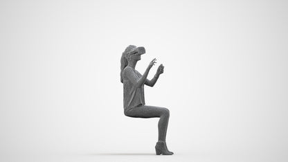 3D human model girl casual sitting, photogrammetry scanned person for archviz, wireframe side view