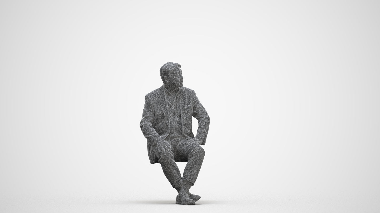 3D people model senior man business sitting, scanned human for 3ds Max rendering, three-quarter front view render