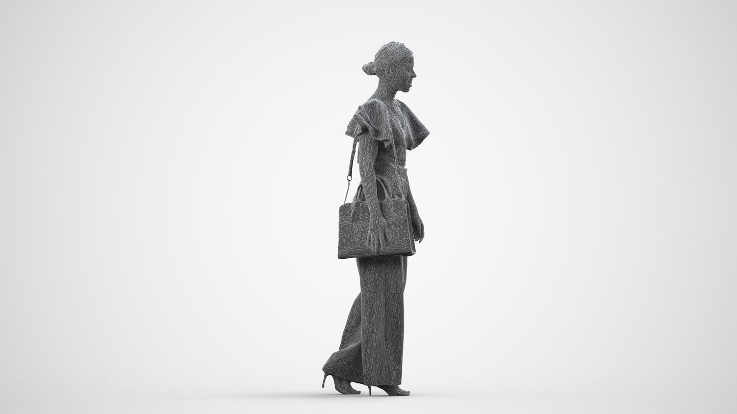 3D scanned woman walking business, photorealistic archviz people for Enscape and SketchUp, wireframe side view